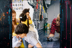 Bild mit Riss, links Frau mit kindern rechts, Frau am Arbeitsplatz in der Werkstatt